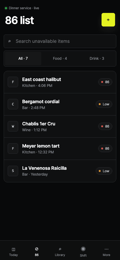 LQD mobile 86 list showing unavailable menu items