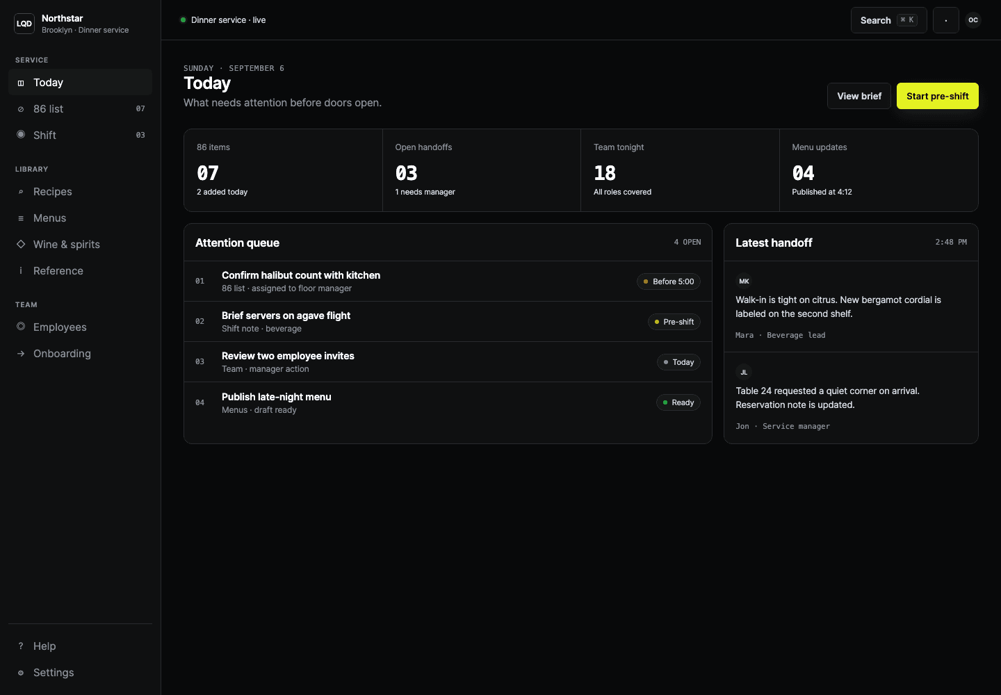 LQD dark dashboard showing restaurant operations at a glance